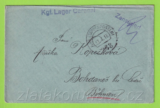 Kgf.Lager Caracel, zensuriert, razítko 1918