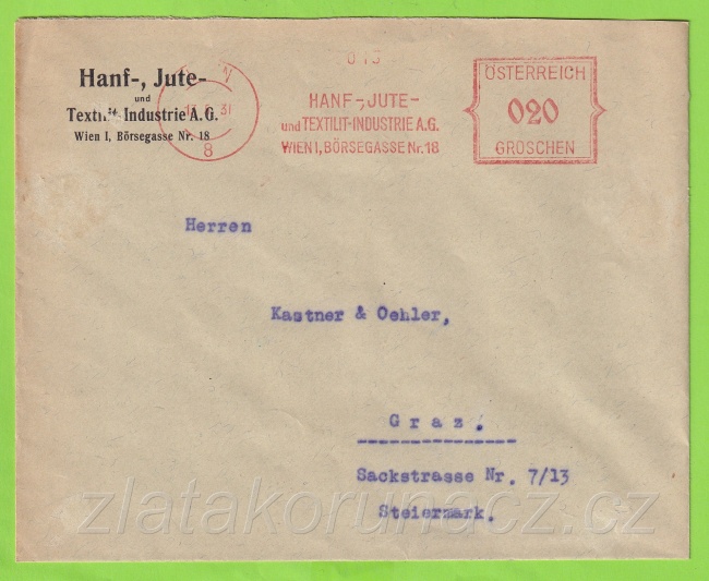  Rakousko - 1 razítko Vídeň 13.5.1931, Hanf-,Jute..