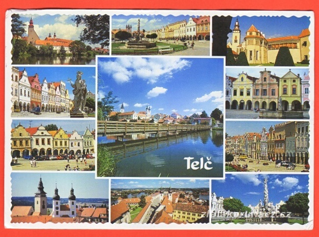 Telč-Náměstí,Kašna,Domy,Řeka,Zámek